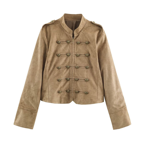 Damen kurz geschnittene Kavallerie-Jacke aus Wildlederoptik mit Zierknopfleiste und Schulterpatten Echo Archiv