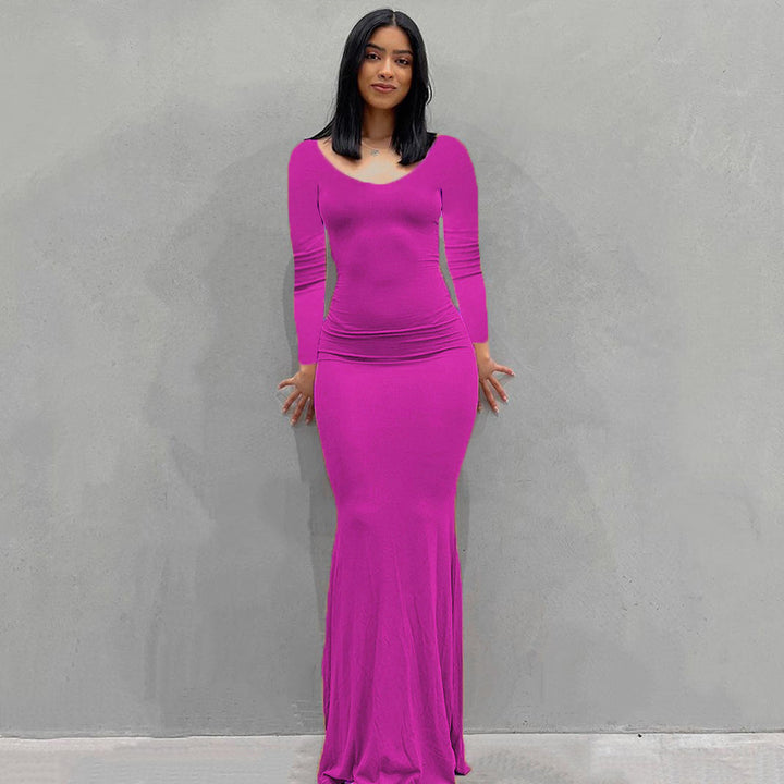 Damen Körperbetontes Maxi‑Jerseykleid mit taillierter Drapierung, langen Ärmeln und ausgestelltem Saum – Valéora