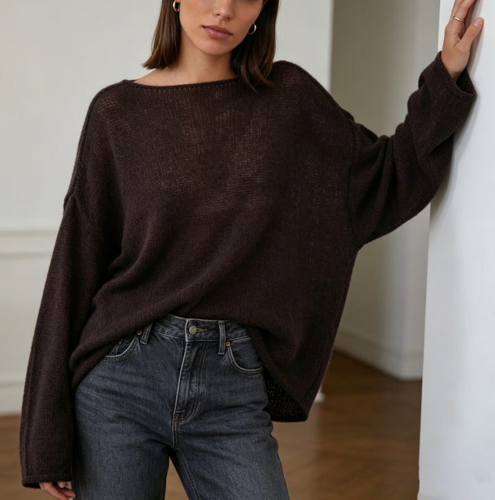 Damen luftiger Oversize-Feinstrickpullover mit weitem Arm und Rundhalsausschnitt – Mavelle