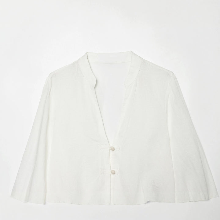 Damen Cropped-Bluse im Tai-Chi-Stil mit Stehkragen, Knotenverschlüssen und Ballonärmeln Echo Archiv
