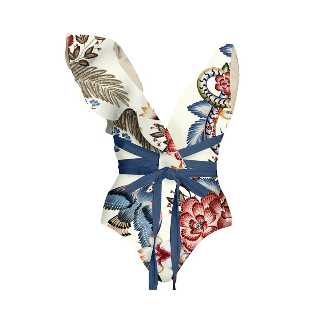 Damen Badeanzug-Set mit floralen Rüschen und taillierter Shorts Echo Archiv