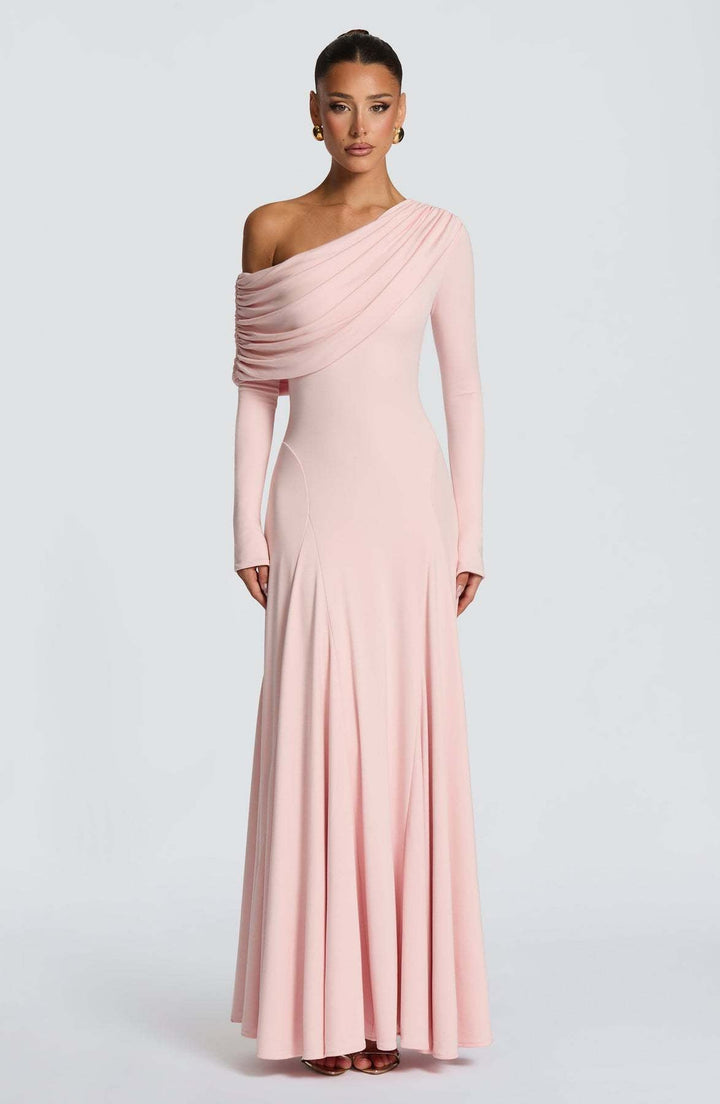 Damen Elegantes Langarm-Maxikleid mit asymmetrischem Drapierungsdetail Echoarchiv