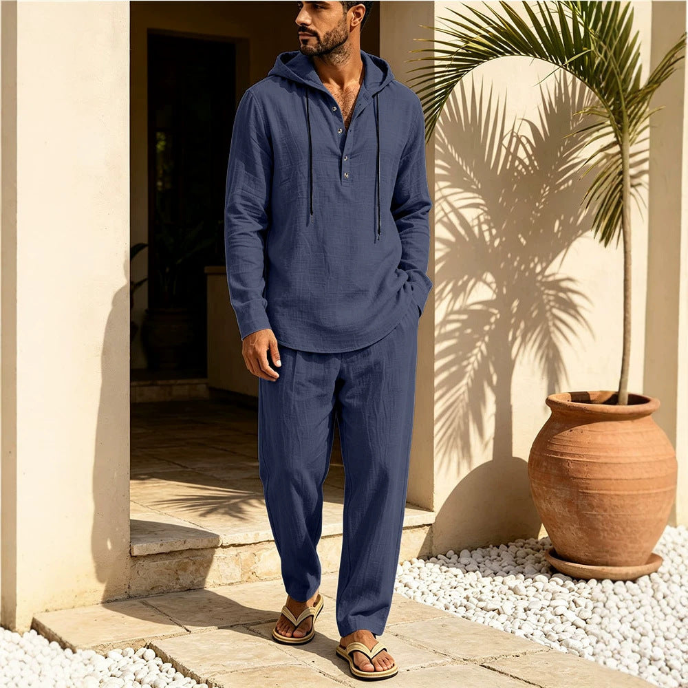 Herren Lässiges Leinen-Look Freizeit-Set mit Kapuzenhemd und weiten Hosen Echoarchiv