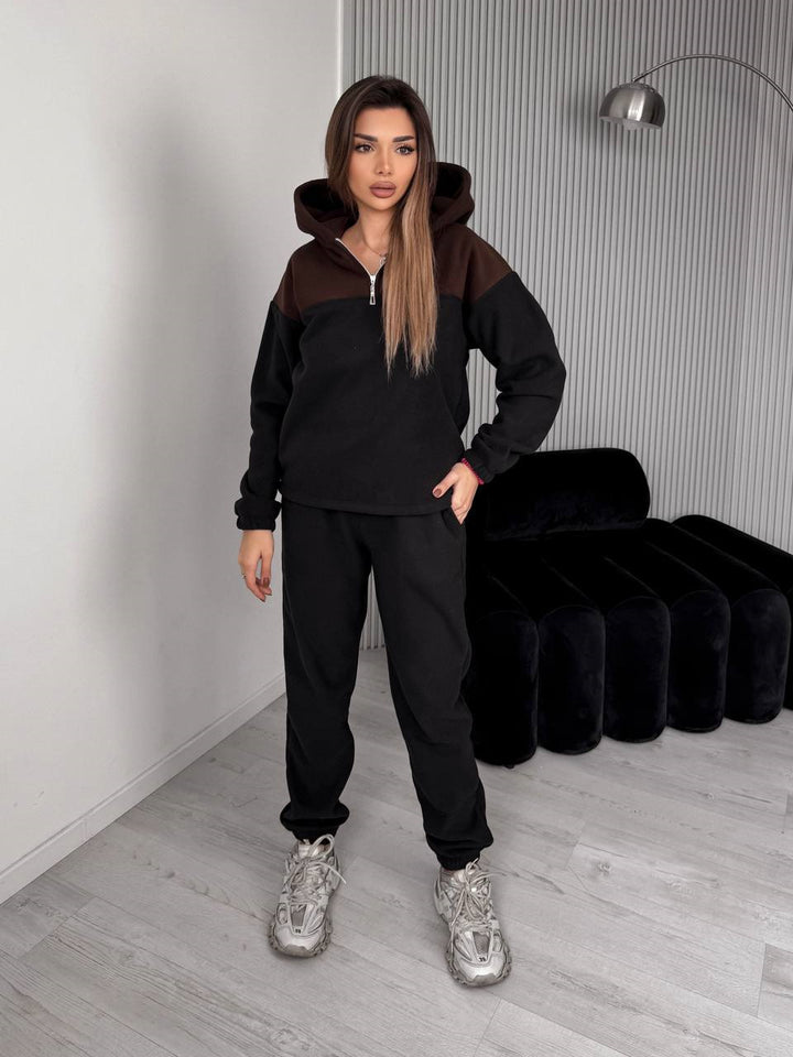 Damen Zweiteiliges Farbblock-Loungewear-Set mit halbem Reißverschluss und schmaler Jogginghose – Avérine