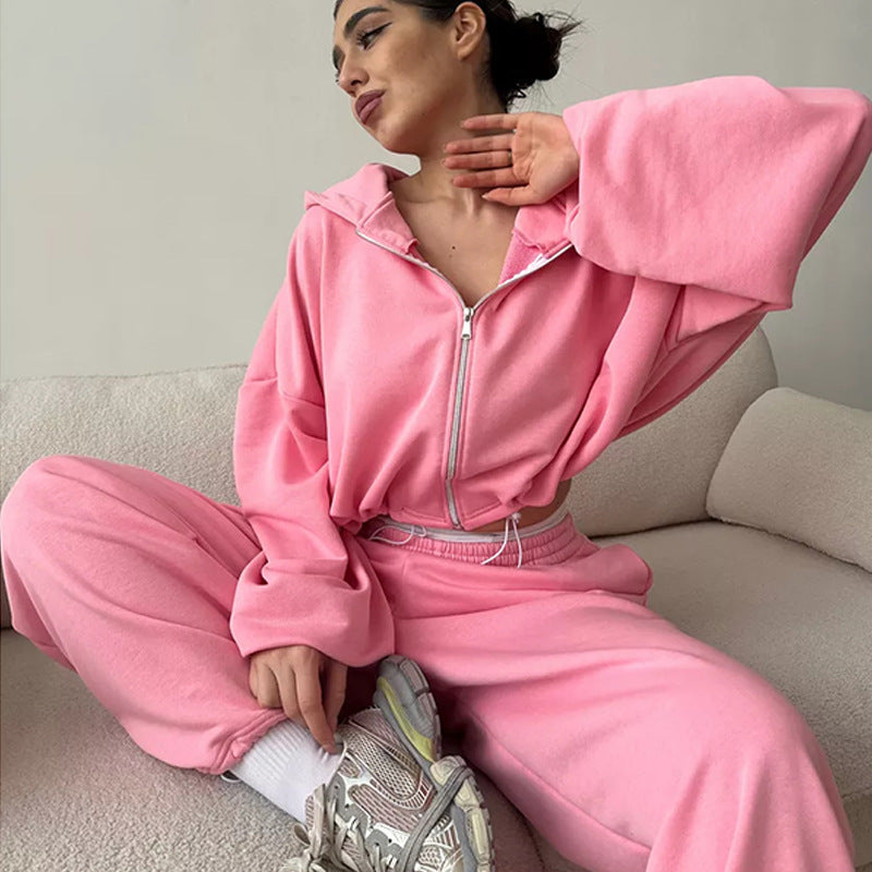 Damen nan cropped Reißverschluss-Hoodie mit Tunnelzugsaum und weitem Sweatpants-Schnitt Echo Archiv