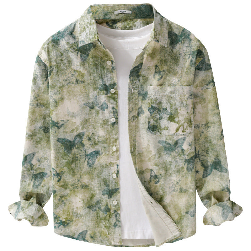 Herren Leichtes Leinenmix-Hemd mit Aquarell-Schmetterlingsprint und Brusttasche Echoarchiv