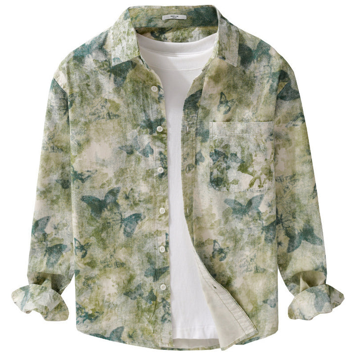 Herren Leichtes Leinenmix-Hemd mit Aquarell-Schmetterlingsprint und Brusttasche Echoarchiv