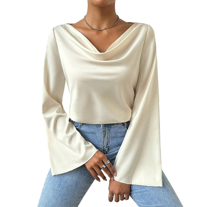 Damen Bluse mit Wasserfallkragen, weiten Trompetenärmeln und fließender Satinoptik – Élovi