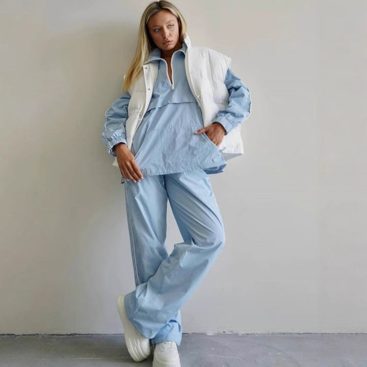 Damen Oversized Windjacke Halbzip-Anorak mit Kängurutasche und Paspelierung – Célinea