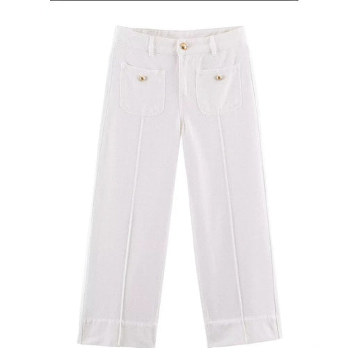 Damen Hochtaillierte weite Leinenhose mit Bügelfalte und aufgesetzten Taschen Echo Archiv