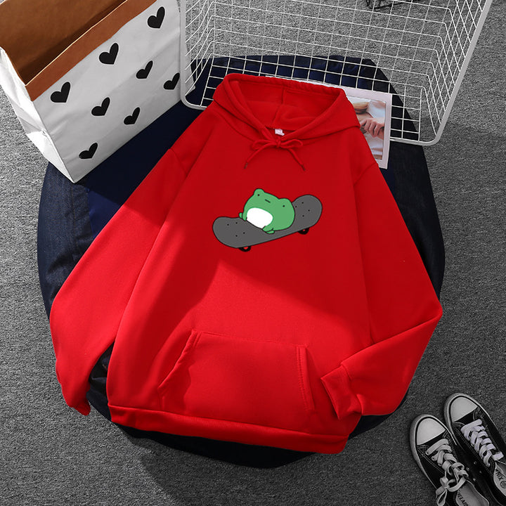 Unisex Kapuzenpullover mit Skater-Frosch-Print, weichem Fleece-Innenfutter und Kängurutasche – Auréline