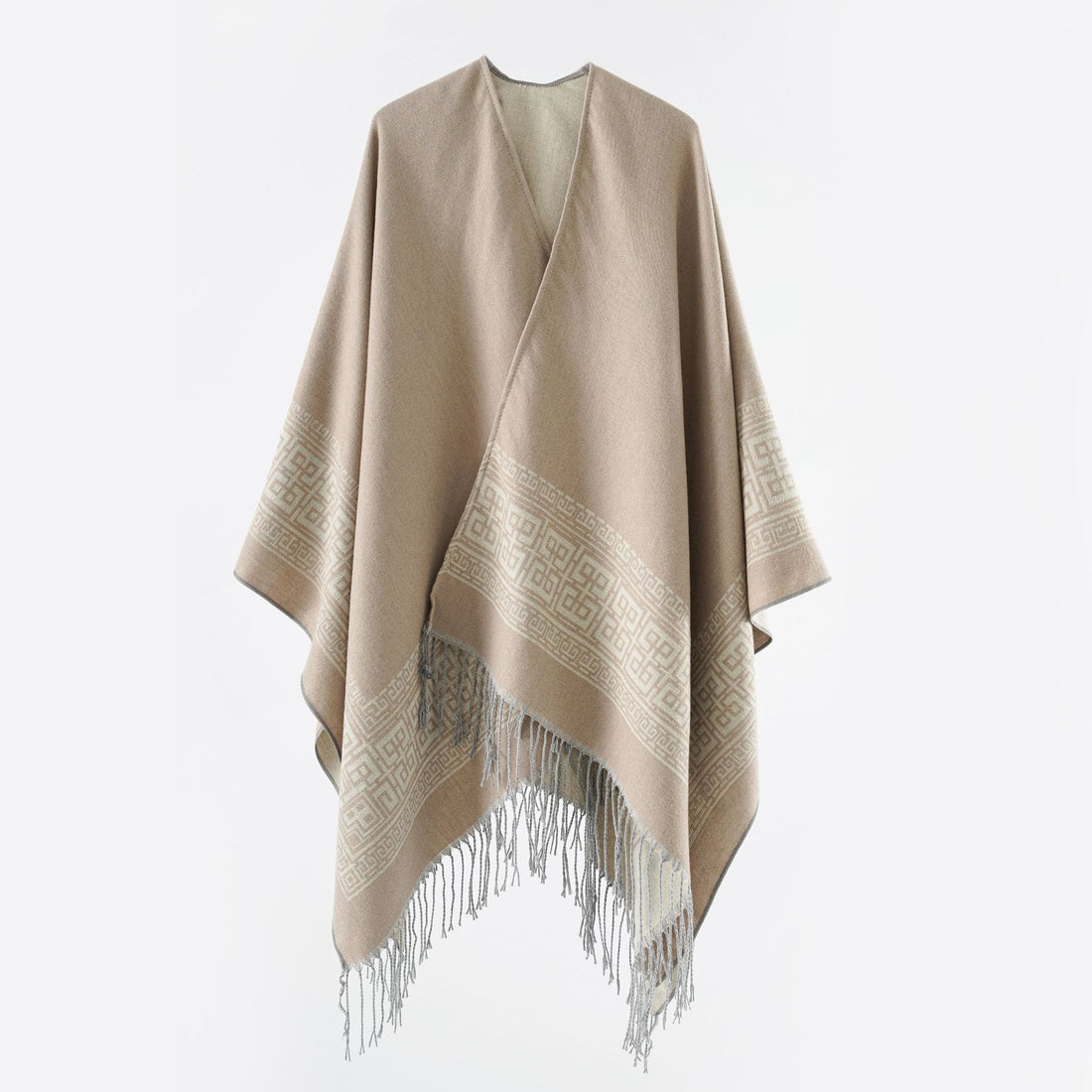 Damen Reversibler Wollmix‑Überwurf im Kimono‑Fall mit ornamentaler Bordüre und Zierfransen – Célinea
