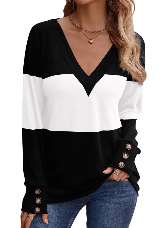 Damen Colorblock V‑Neck Feinstrickpullover mit dekorativen Manschettenknöpfen – Avérine