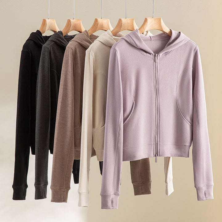 Damen Cropped Kapuzenjacke mit Reißverschluss und konturierten Eingrifftaschen Echoarchiv