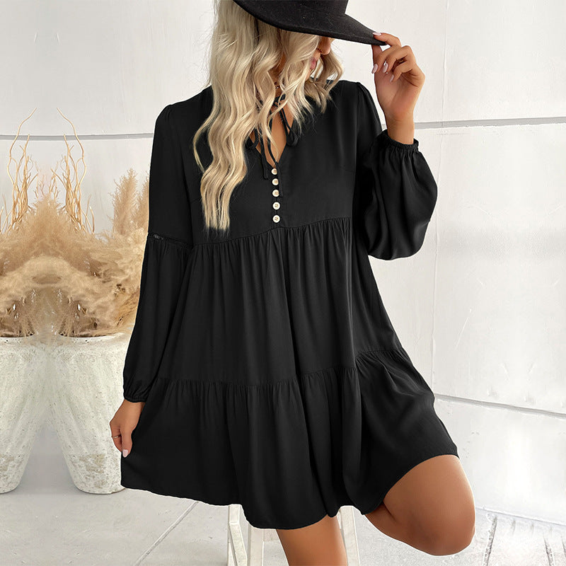 Damen Weiches Stufen-Minikleid mit V-Ausschnitt, Knopfleiste und Ballonärmeln Echoarchiv