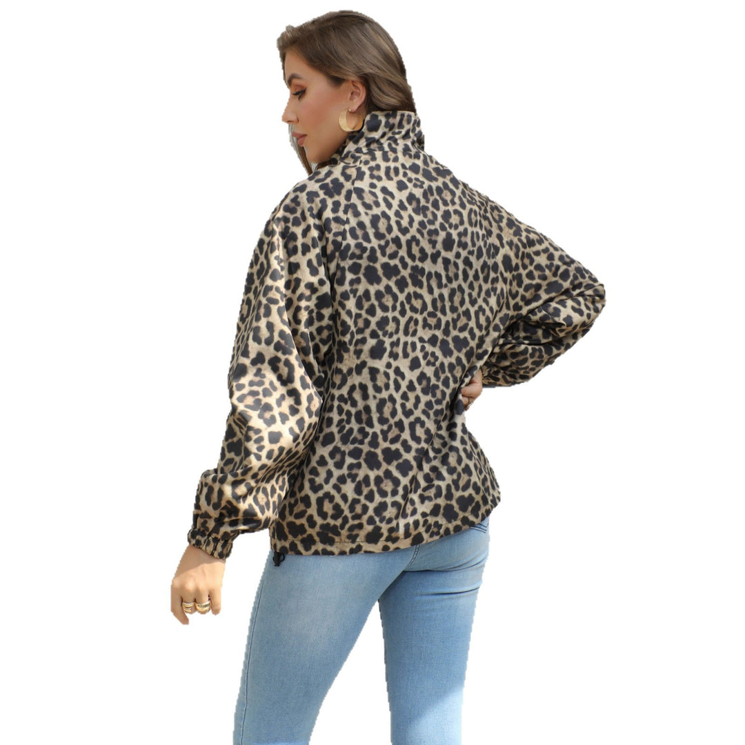 Damen Leopard-Print Bomberjacke mit Stehkragen, Reißverschluss und Gummizug Echoarchiv