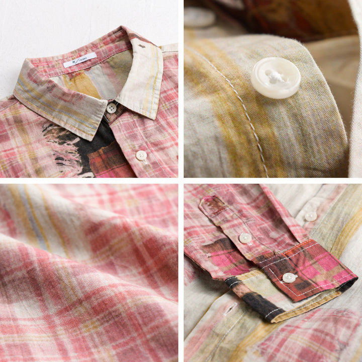 Herren Relaxed Patchwork-Karo Hemdjacke mit ausgefransten Kanten und Crinkle-Finish Echoarchiv