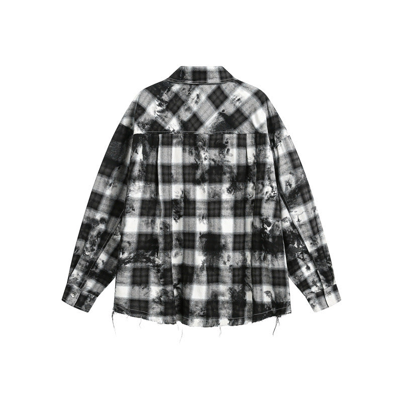 Herren Oversize-Karo-Hemdjacke mit ausgefranstem Saum und Brust-Reißverschlusstasche Echoarchiv