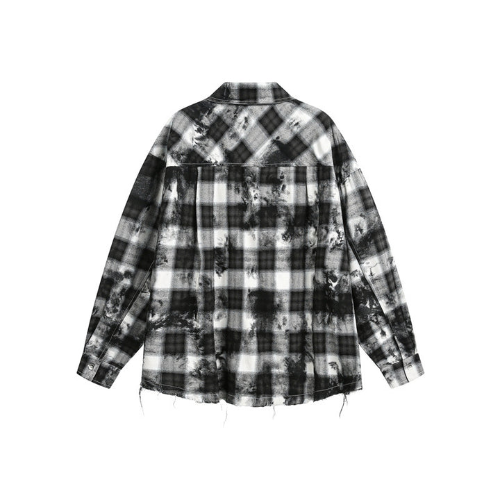 Herren Oversize-Karo-Hemdjacke mit ausgefranstem Saum und Brust-Reißverschlusstasche Echoarchiv