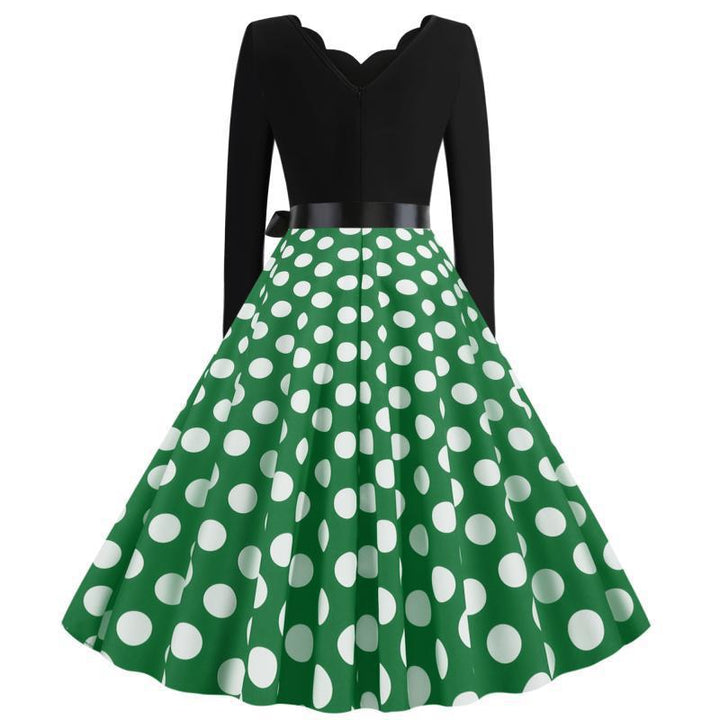 Damen Retro Swingkleid im Vintage-Stil mit welligem V-Ausschnitt, langärmliger Oberteil, Polka-Dot Tellerrock und Satin-Taillengürtel – Élara