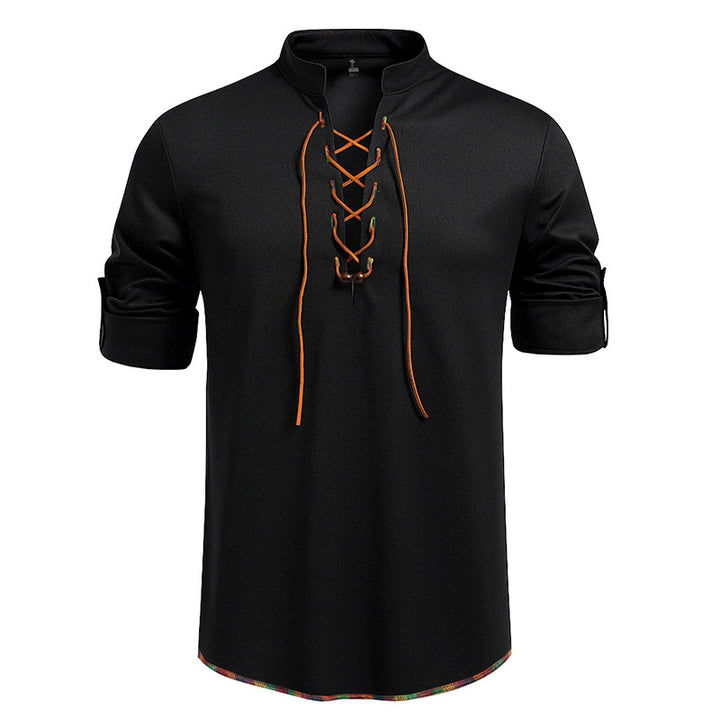 Herren Lässiges Baumwoll-Langarmshirt mit Schnürung, Stehkragen und aufkrempelbaren Ärmeln Echo Archiv