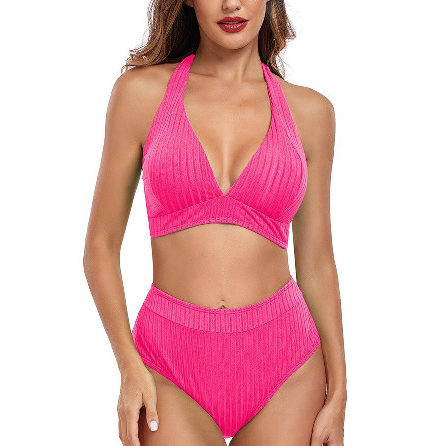 Damen Hochtaillierter Bikini mit V-Ausschnitt und Rippstruktur Echo Archiv