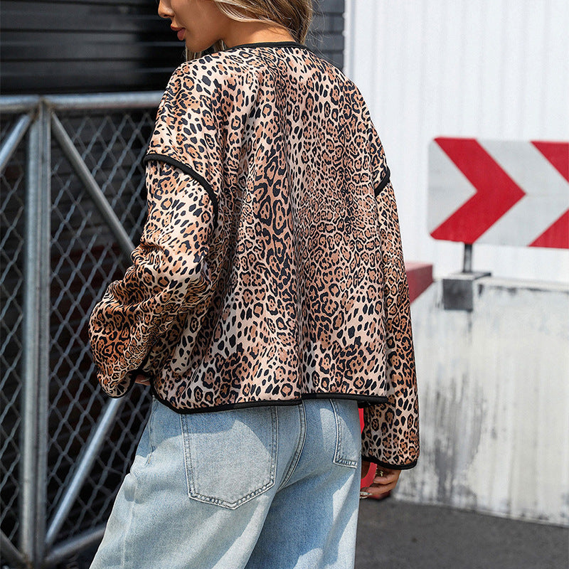 Damen Leichter Leopard-Print Blouson mit Kontrastpaspel und aufgesetzten Taschen Echoarchiv