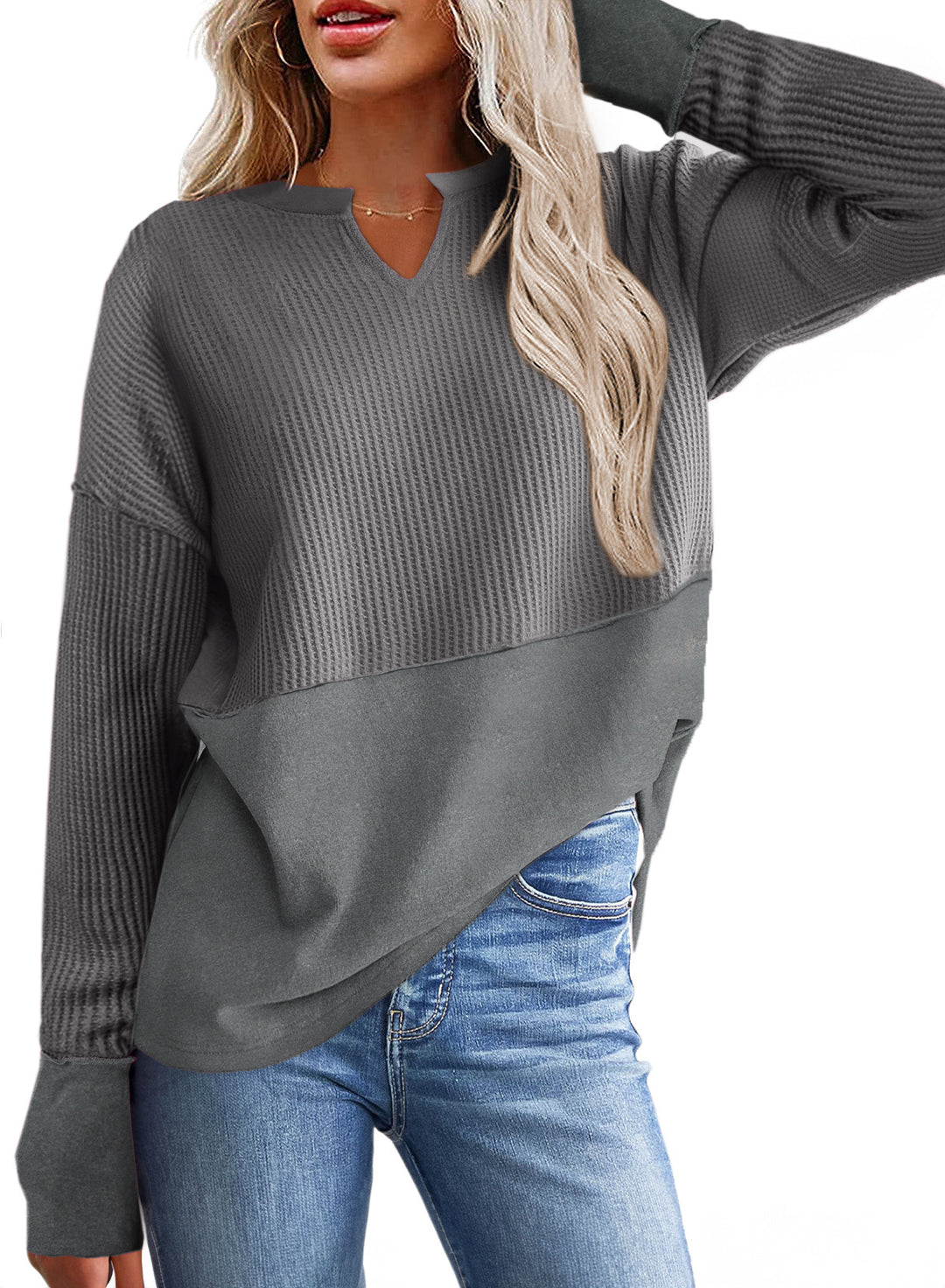 Damen Oversize-Pullover mit Waffle-Struktur, V-Notch und überschnittener Schulter Echo Archiv