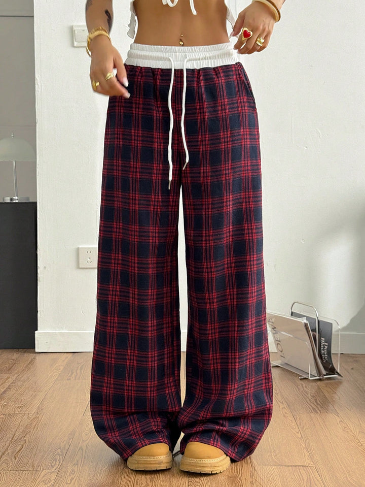 Damen weite karierte Lounge-Hose mit hohem Gummibund und Kordelzug Echo Archiv
