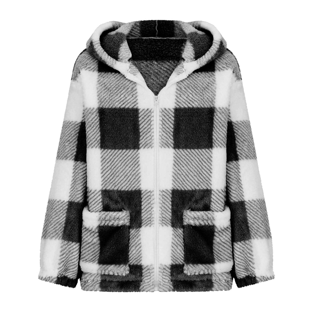 Damen dicke Karo-Teddyjacke mit Kapuze, Frontreißverschluss und aufgesetzten Taschen – Célinea