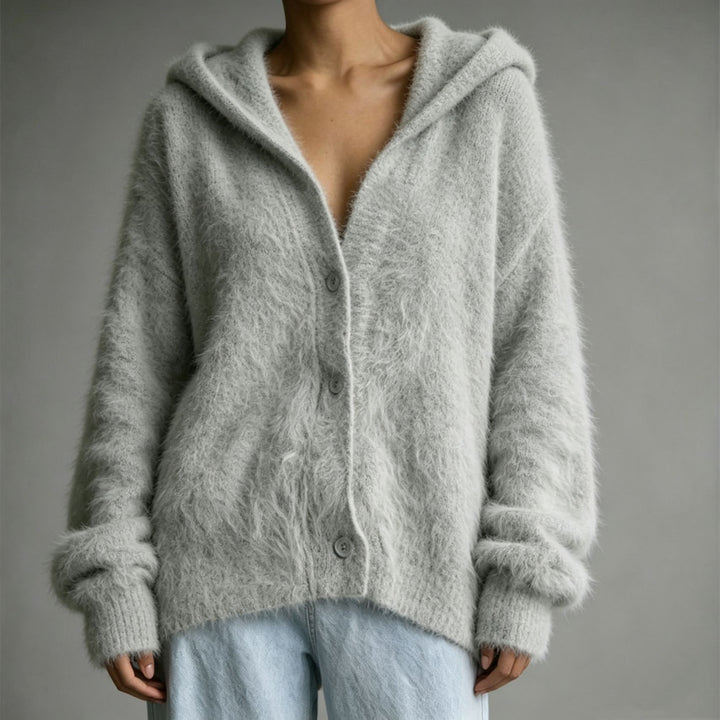 Damen Flauschiger Kapuzen-Cardigan im Mohair-Look mit Knopfleiste – Veloura