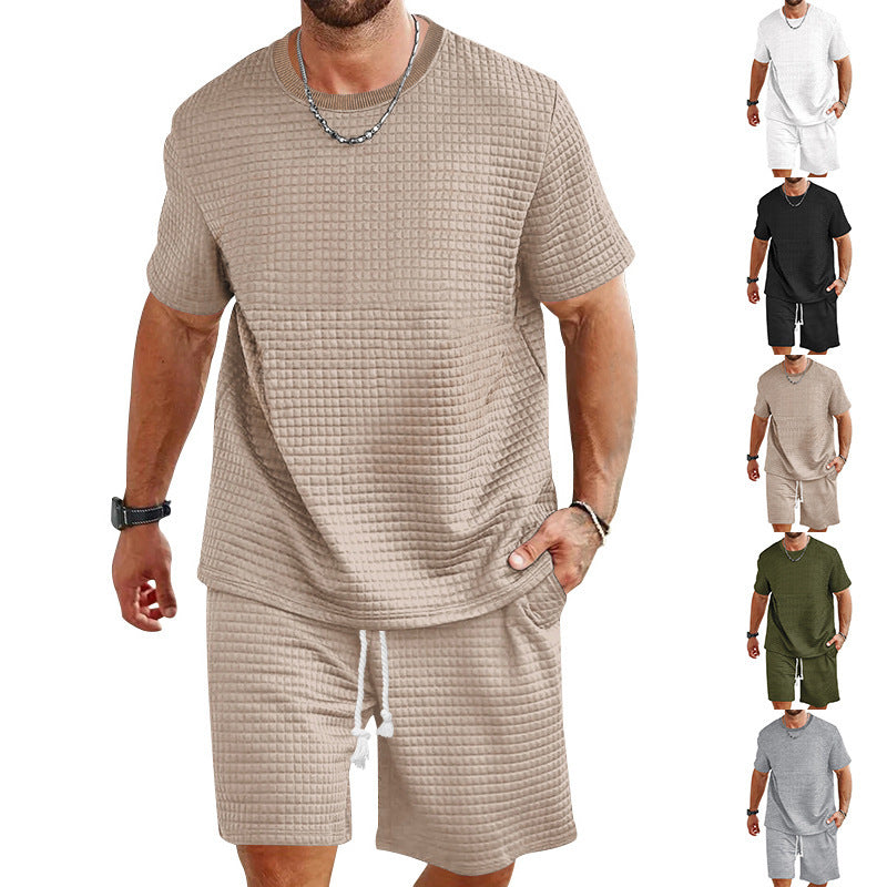 Herren nan leichter Freizeit-Zweiteiler in Waffelstruktur mit Rundhals-T-Shirt und komfortablen Shorts Echoarchiv