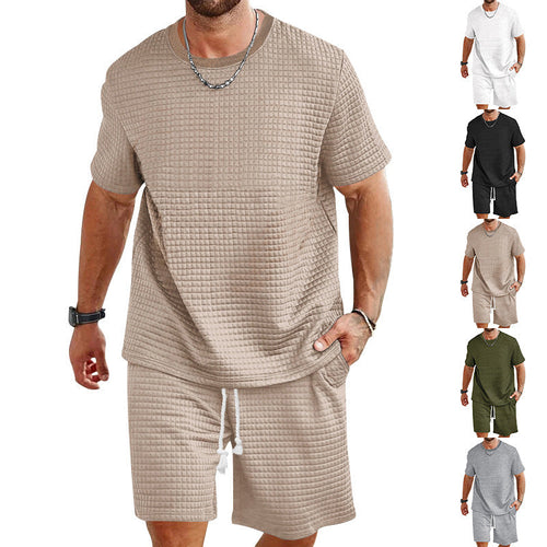 Herren nan leichter Freizeit-Zweiteiler in Waffelstruktur mit Rundhals-T-Shirt und komfortablen Shorts Echoarchiv