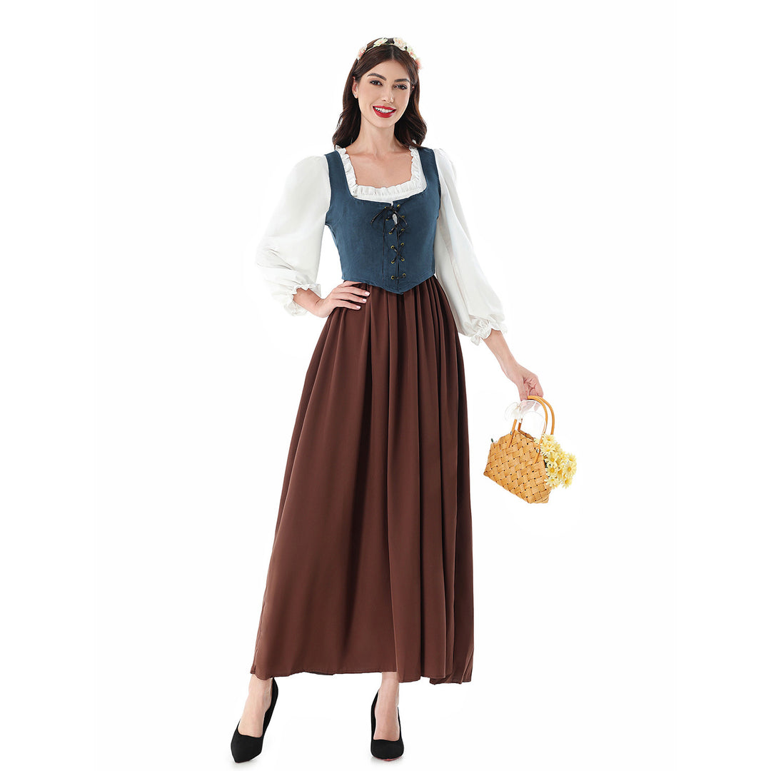 Damen nan historisches Mittelalterkleid mit geschnürter Miederweste, rüschiger Bluse und weitem Maxirock Echo Archiv