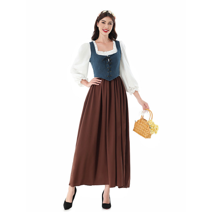 Damen nan historisches Mittelalterkleid mit geschnürter Miederweste, rüschiger Bluse und weitem Maxirock Echo Archiv