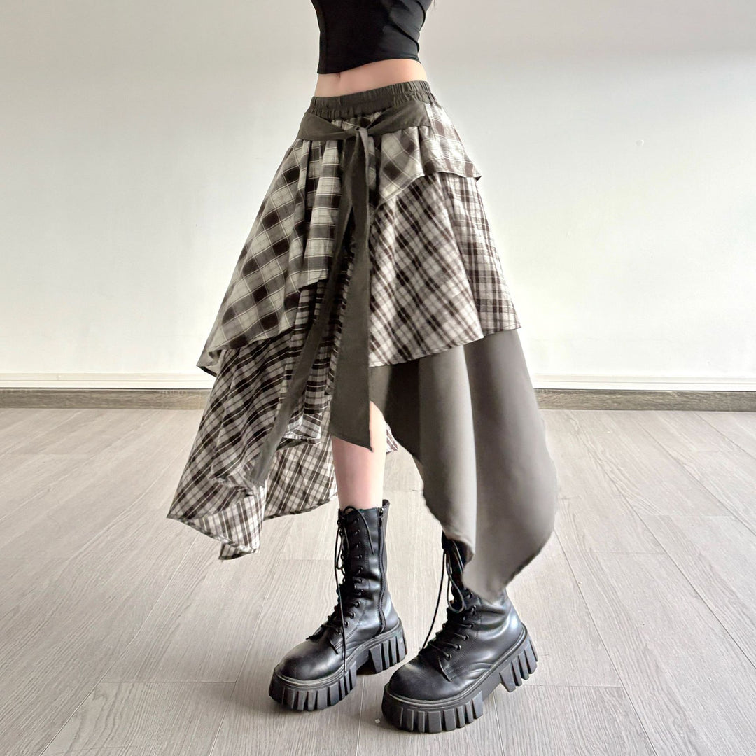 Damen asymmetrischer Wickelrock mit Karomuster und breitem Bindegürtel Echo Archiv