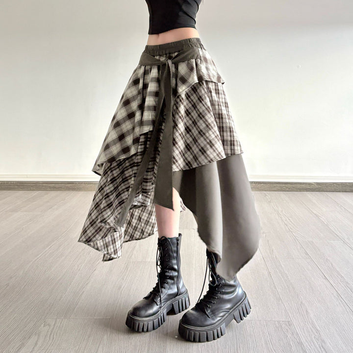 Damen asymmetrischer Wickelrock mit Karomuster und breitem Bindegürtel Echo Archiv