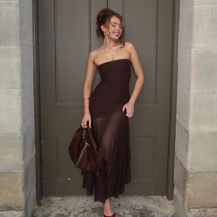 Damen Elegantes Maxikleid mit gerafftem Oberteil und transparentem Rock Echo Archiv