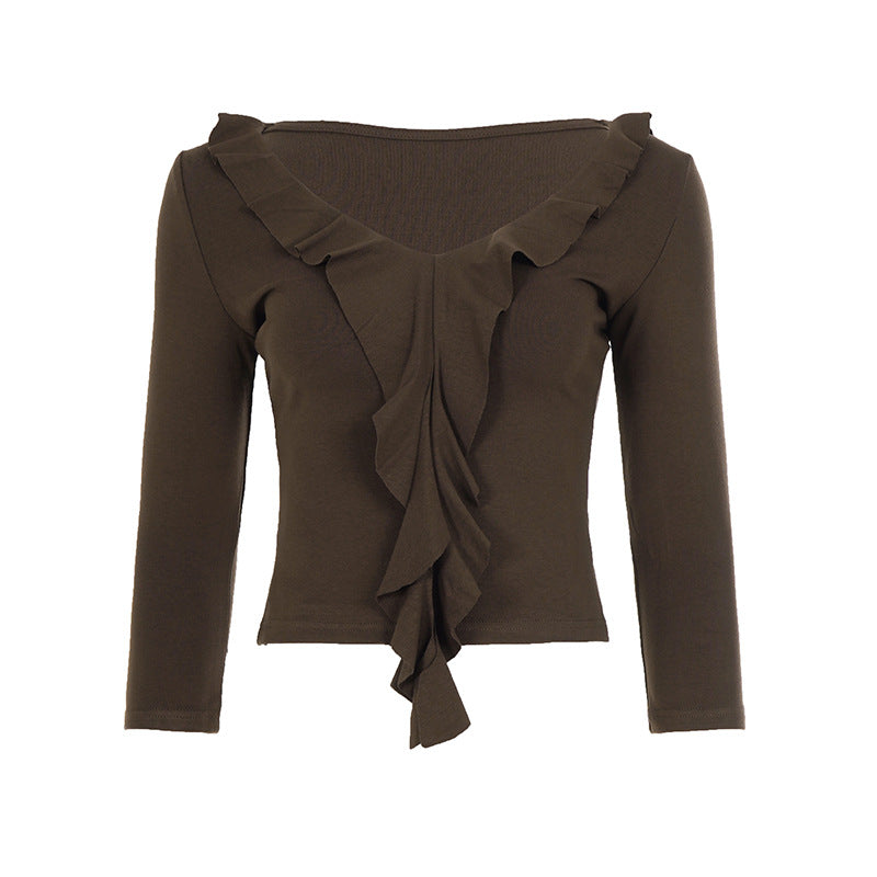 Damen nan tailliertes Langarmshirt mit tiefem V-Ausschnitt und eingesetzter Volant-Rüsche Echo Archiv