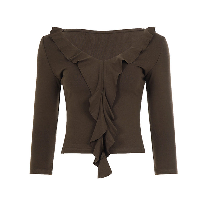 Damen nan tailliertes Langarmshirt mit tiefem V-Ausschnitt und eingesetzter Volant-Rüsche Echo Archiv
