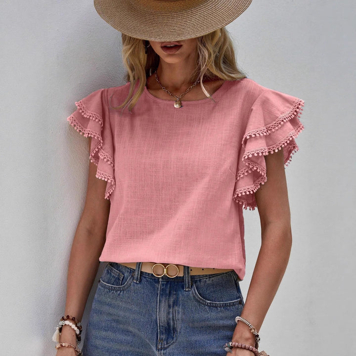 Damen Bluse mit Volantärmeln und Pompon-Spitzenbesatz Echo Archiv