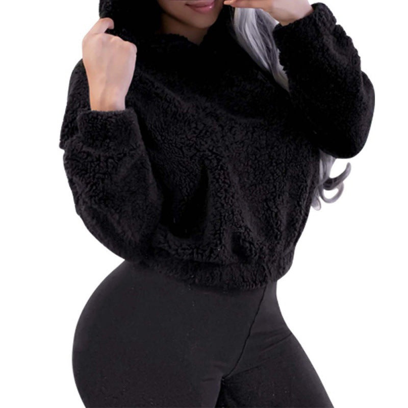Damen Kurzer Kapuzen‑Sherpa‑Pullover mit Kängurutasche und elastischem Saum Echo Archiv