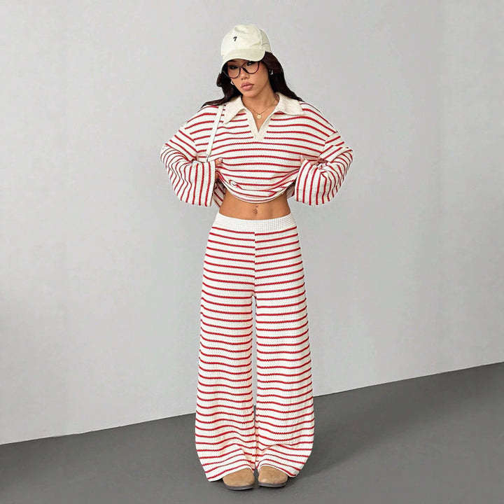 Damen Gestreiftes Strick-Set aus Polokrippenpullover und weiten Palazzo-Strickhose Echo Archiv