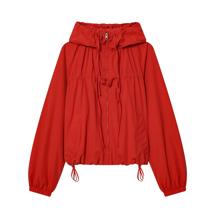 Damen kurzer Kapuzen-Windbreaker mit Tunnelzug, Reißverschluss und elastischem Saum – Célinea