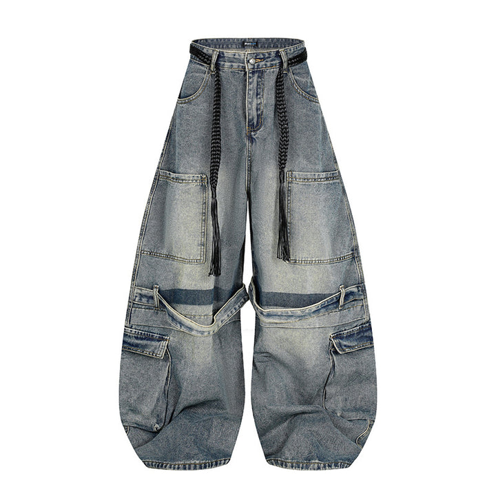 Damen Weite Denim-Cargo-Hose im Balloon-Schnitt mit großen Aufsatztaschen und geflochtenem Gürtel Echoarchiv