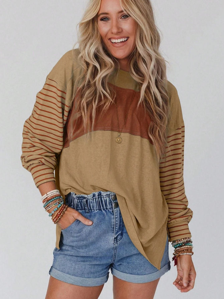 Damen Oversize-Longsleeve mit Colorblock, gestreiften Ärmeln und Rundhalsausschnitt Echo Archiv