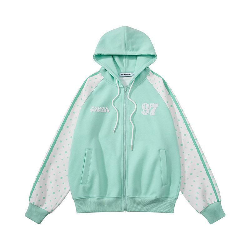 Damen Kapuzen‑Sweatjacke mit durchgehendem Reißverschluss, Raglanärmeln und Polka‑Dot‑Einsätzen Echoarchiv