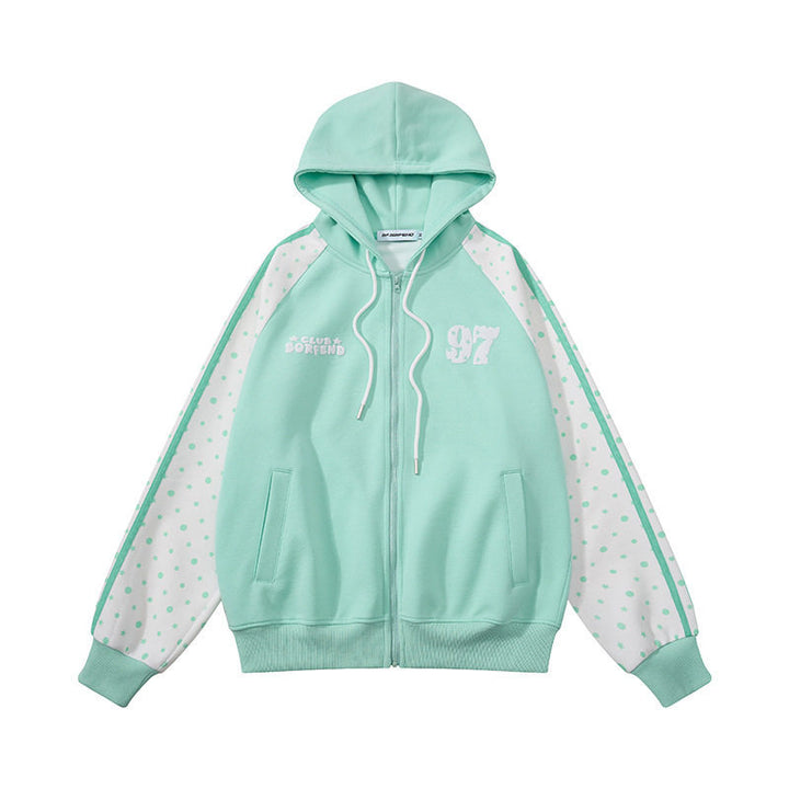 Damen Kapuzen‑Sweatjacke mit durchgehendem Reißverschluss, Raglanärmeln und Polka‑Dot‑Einsätzen Echoarchiv