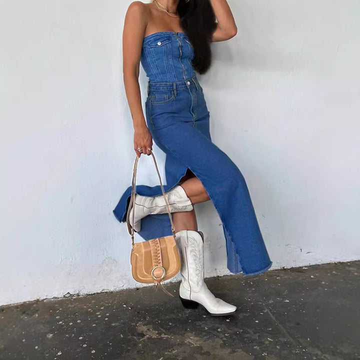 Damen High-Waist Maxirock aus Denim mit frontaler Ziernaht und seitlichem Beinschlitz Echo Archiv