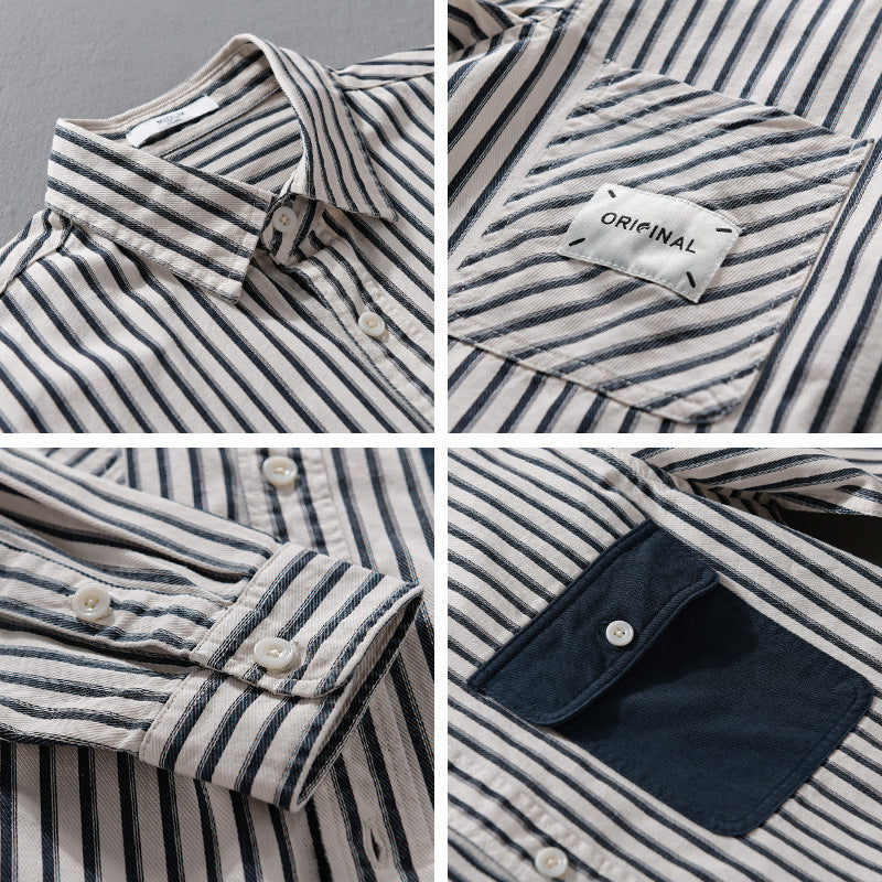 Herren Gestreiftes Overshirt mit Kontrast-Brusttaschen und Kentkragen aus Baumwollmix Echoarchiv